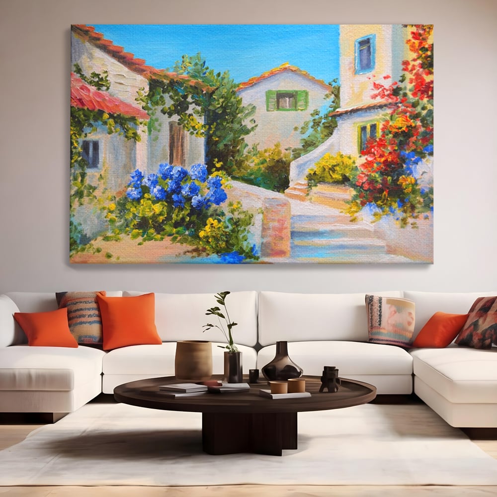 Tablou canvas cu pictura peisaj mediteranean cu case, fara rama, pe sasiu de lemn, pe perete intr-un living